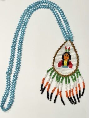 Vintage Hand Beaded Necklace Figure Pendant Fringe Seed Bead Folk Art